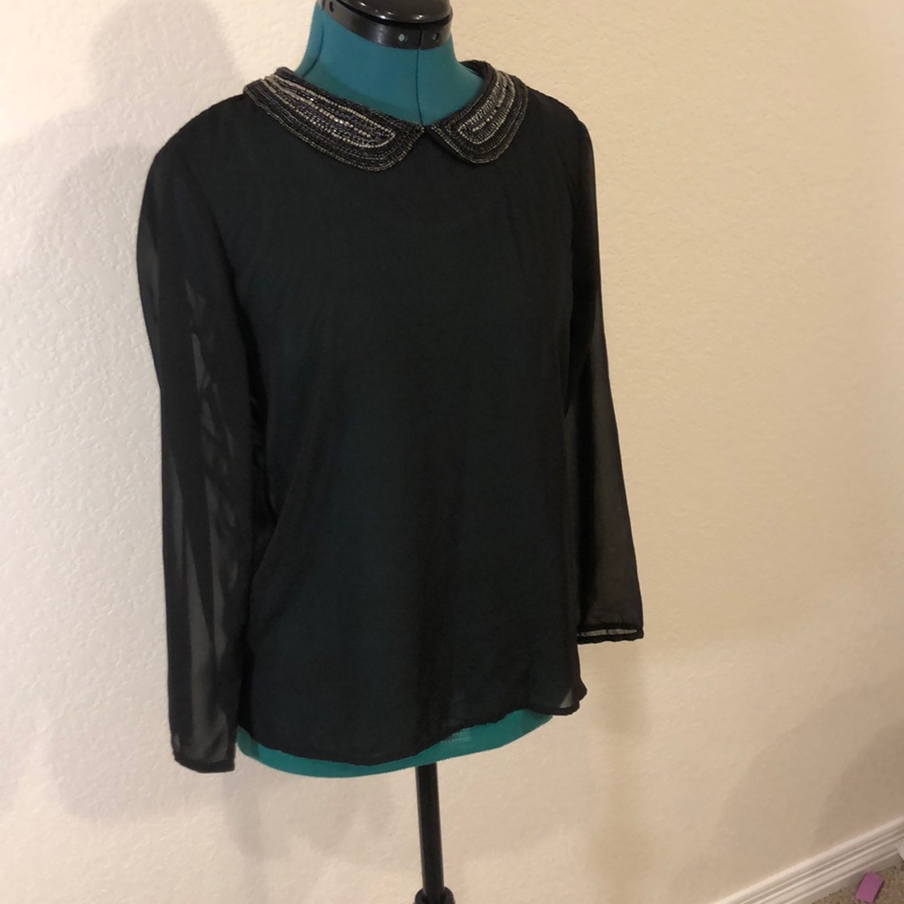Zara Trafaluc sheer black long sleeve beaded top